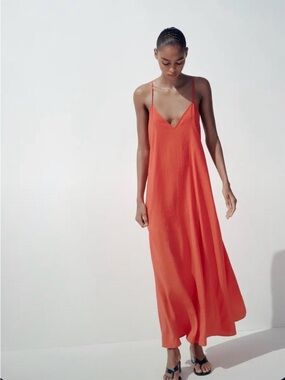 Zara Coral-Red Spaghetti Strap Maxi Dress